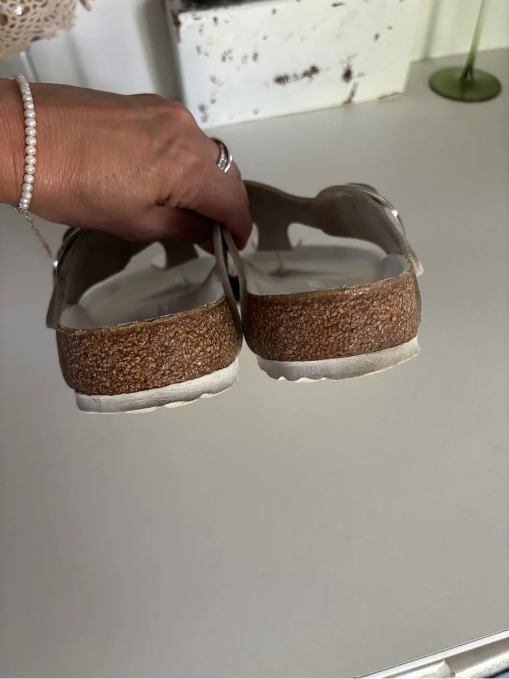 Birkenstock White Leather Slip-On Sandals with Cork Footbed - Picture 7 of 8